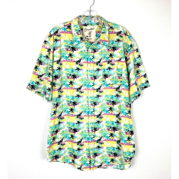 Coastal Men's Camp Shirt Button Up Size XL Cotton Green Yellow Tropical - Picture 1 of 7